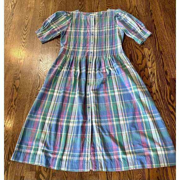 Vintage Matti Sport Pastel Plaid Cottage core PinTuck Midi 100% Cotton Dress‎ 10 - Picture 8 of 12